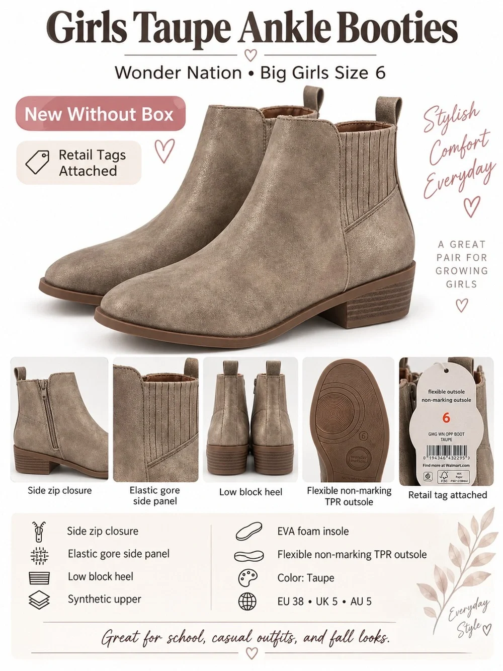 Girls 6 Taupe Ankle Boots Booties Side Zip Low Heel Chelsea Casual Fashion Shoes